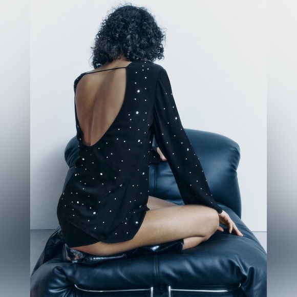 Zara sparkly black studded open back long sleeve top sz.S - Picture 3 of 16